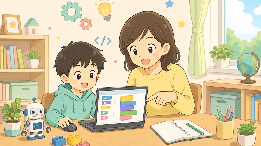 パソコンの設定を親子で確認する様子