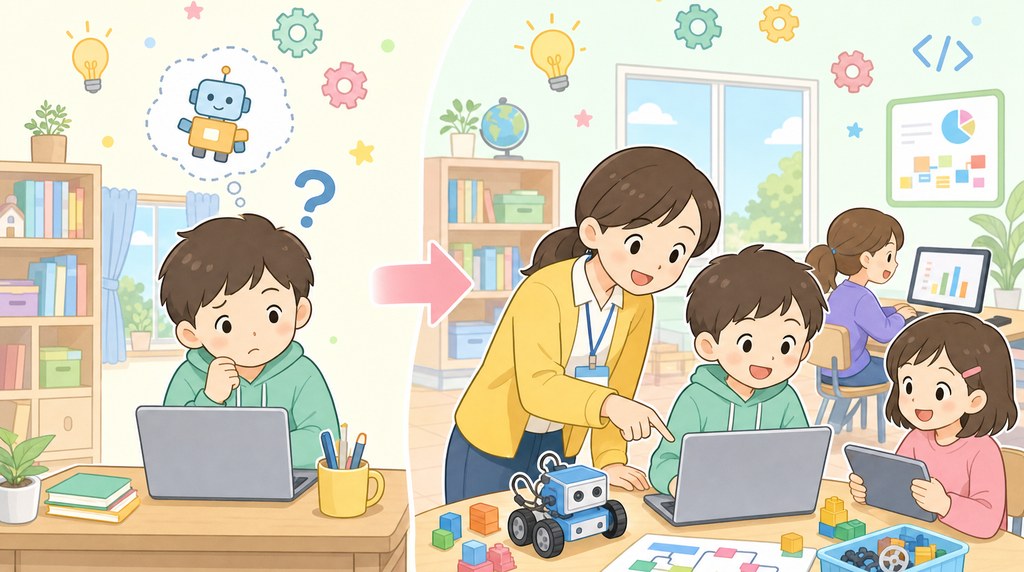 家庭学習から教室へ進む子ども