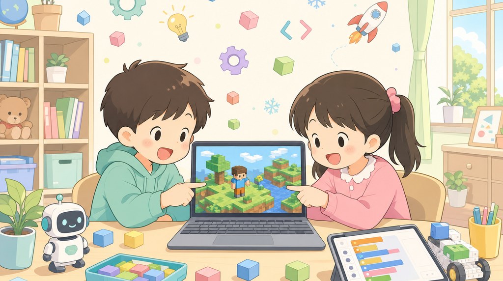 マイクラ風のブロックでプログラミングを学ぶ子どもたち