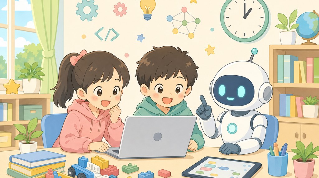 AIについて学ぶ子どもと友好的なロボット