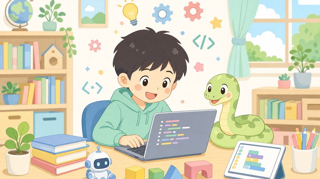Pythonが学べる子ども向けプログラミング教室をイメージしたイラスト